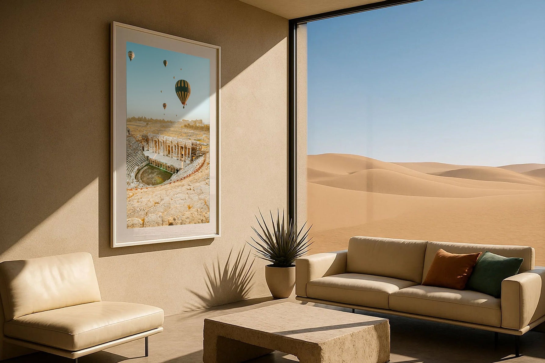 Modern living room with a view of desert landscape
