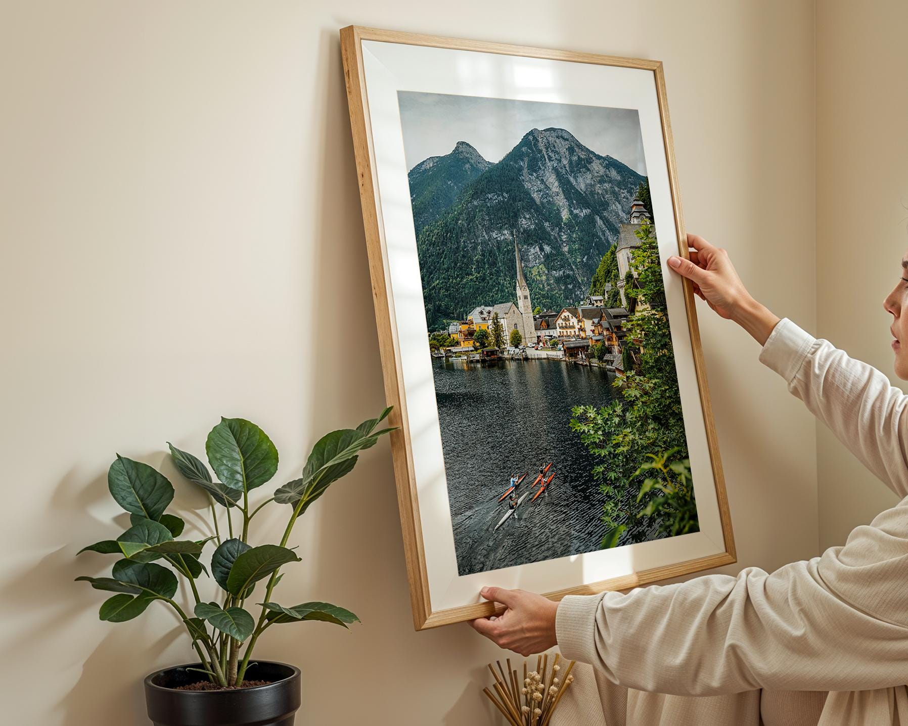 Hallstatt Austria Print, Summer Lake Village Photo, Kayaks Mountain View Wall Art, Home Decor - Hasan Akbas Fine Art