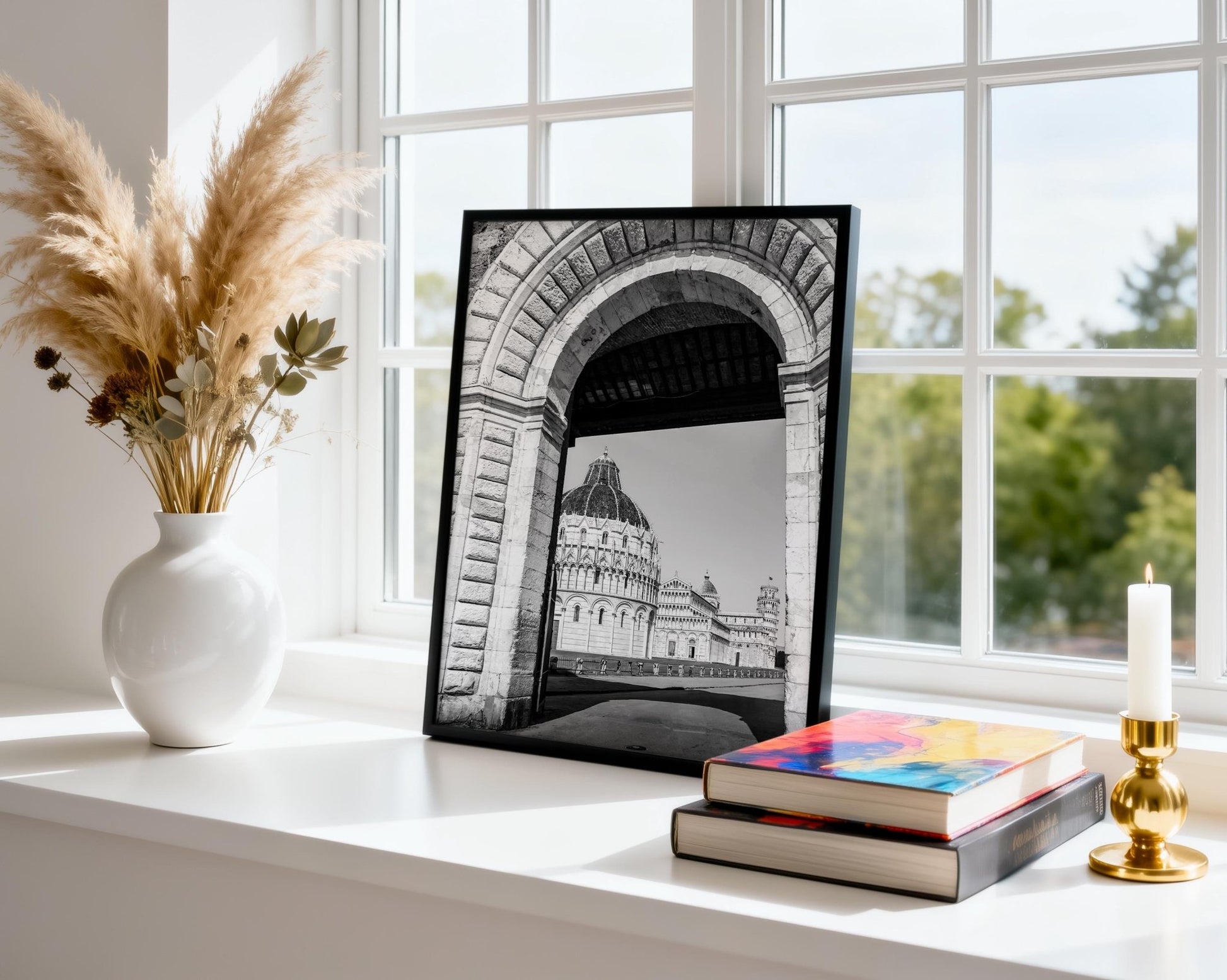 Pisa Tower Wall Art – Black And White Italy Photo Print With Archway Frame - Hasan Akbas Fine Art