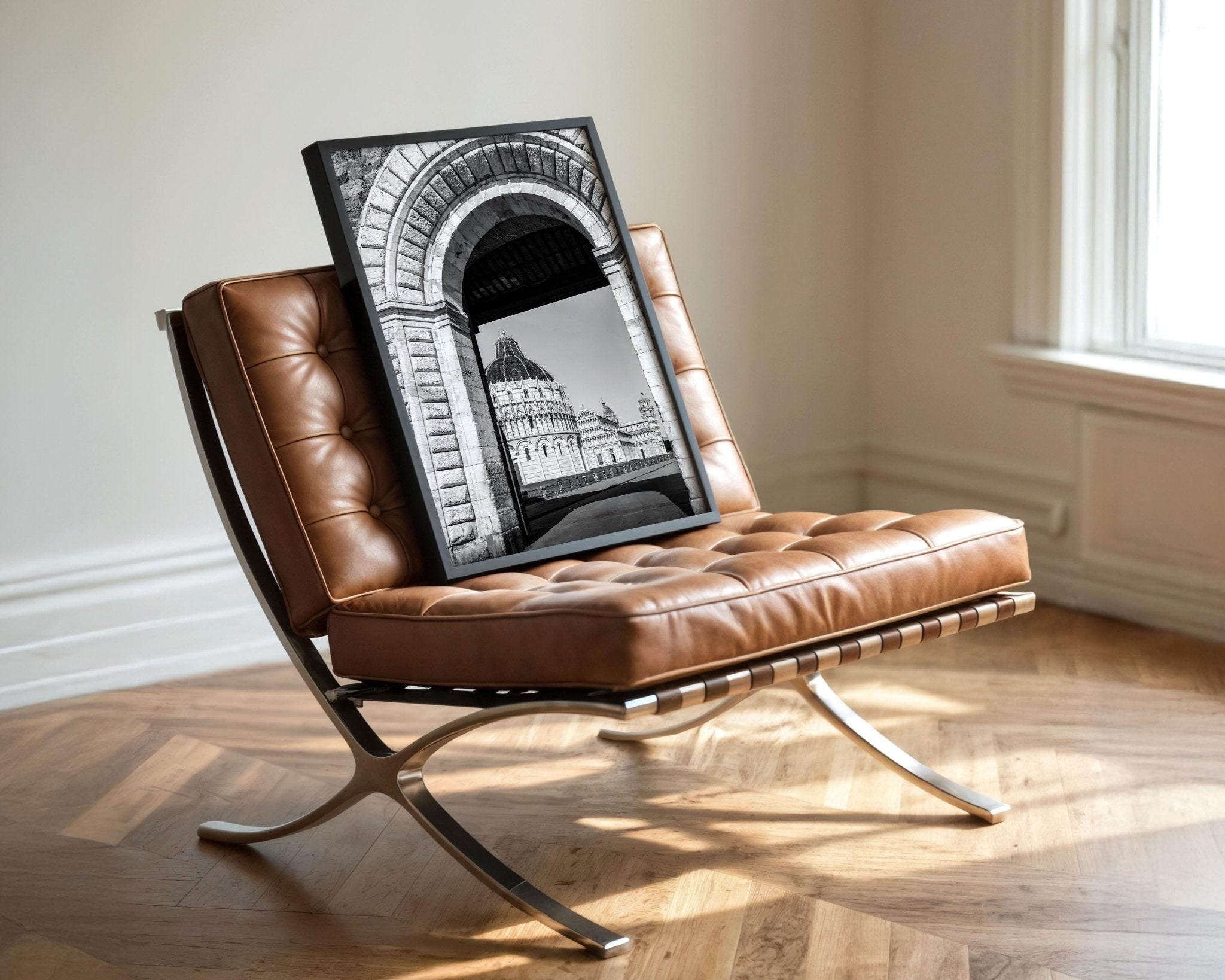 Pisa Tower Wall Art – Black And White Italy Photo Print With Archway Frame - Hasan Akbas Fine Art