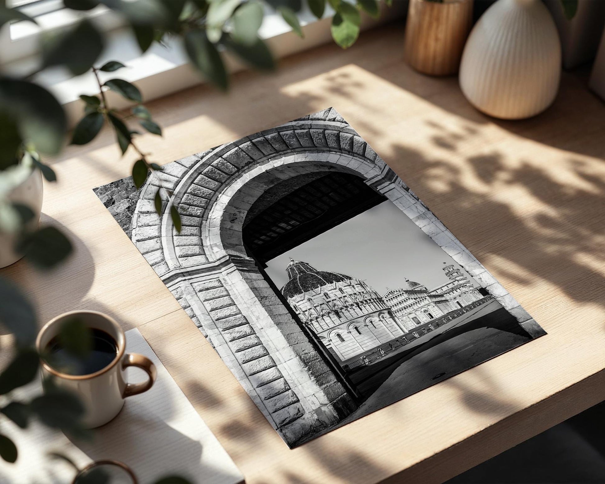 Pisa Tower Wall Art – Black And White Italy Photo Print With Archway Frame - Hasan Akbas Fine Art