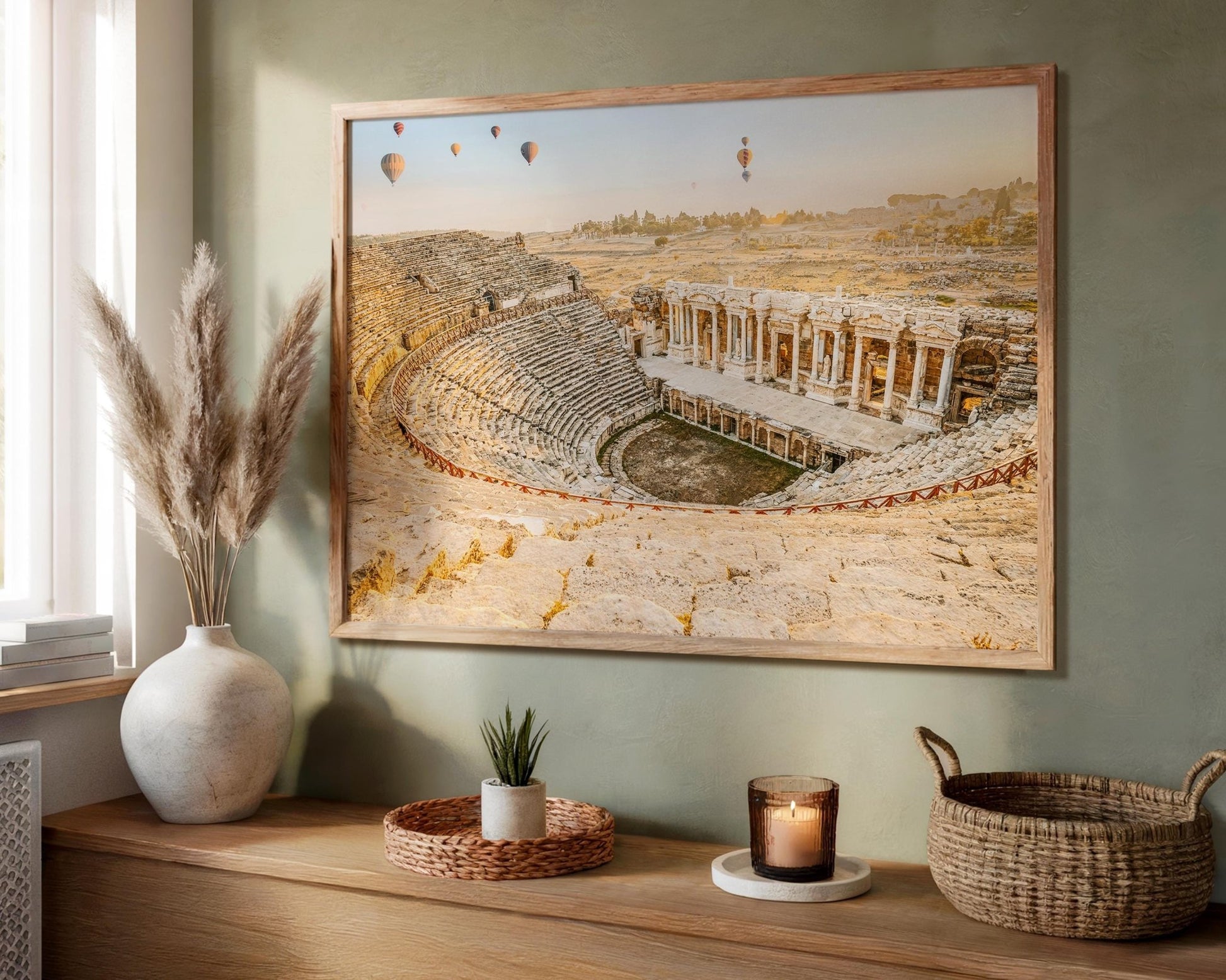 Hierapolis Wall Art – Pamukkale Sunrise Print With Ancient Theatre & Hot Air Balloons - Hasan Akbas Fine Art