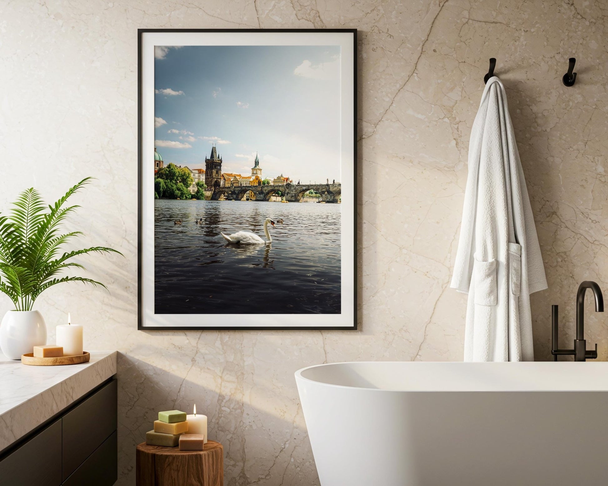 Prague Czechia Charles Bridge Print, Swan Vltava Photo, Gothic Riverside Wall Art, Home Decor - Hasan Akbas Fine Art
