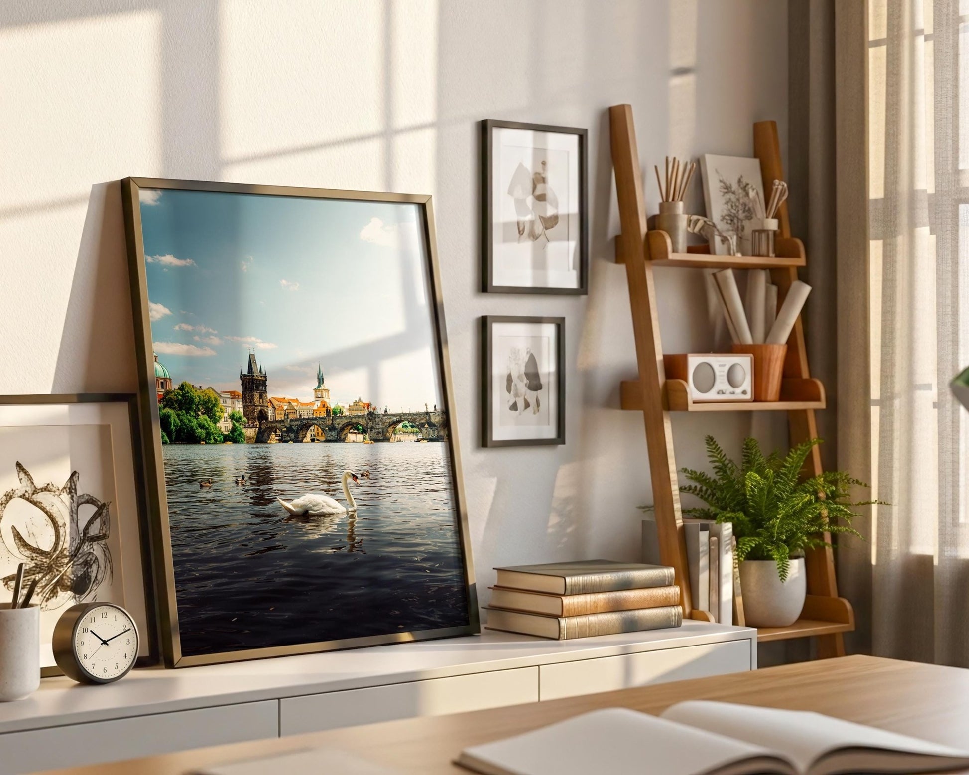 Prague Czechia Charles Bridge Print, Swan Vltava Photo, Gothic Riverside Wall Art, Home Decor - Hasan Akbas Fine Art