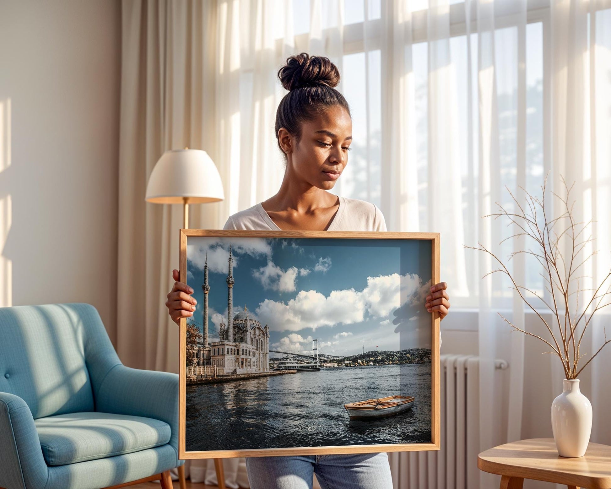 Istanbul Ortakoy Mosque Print – Bosphorus Cityscape Art with Wooden Boat Wall Decor - Hasan Akbas Fine Art