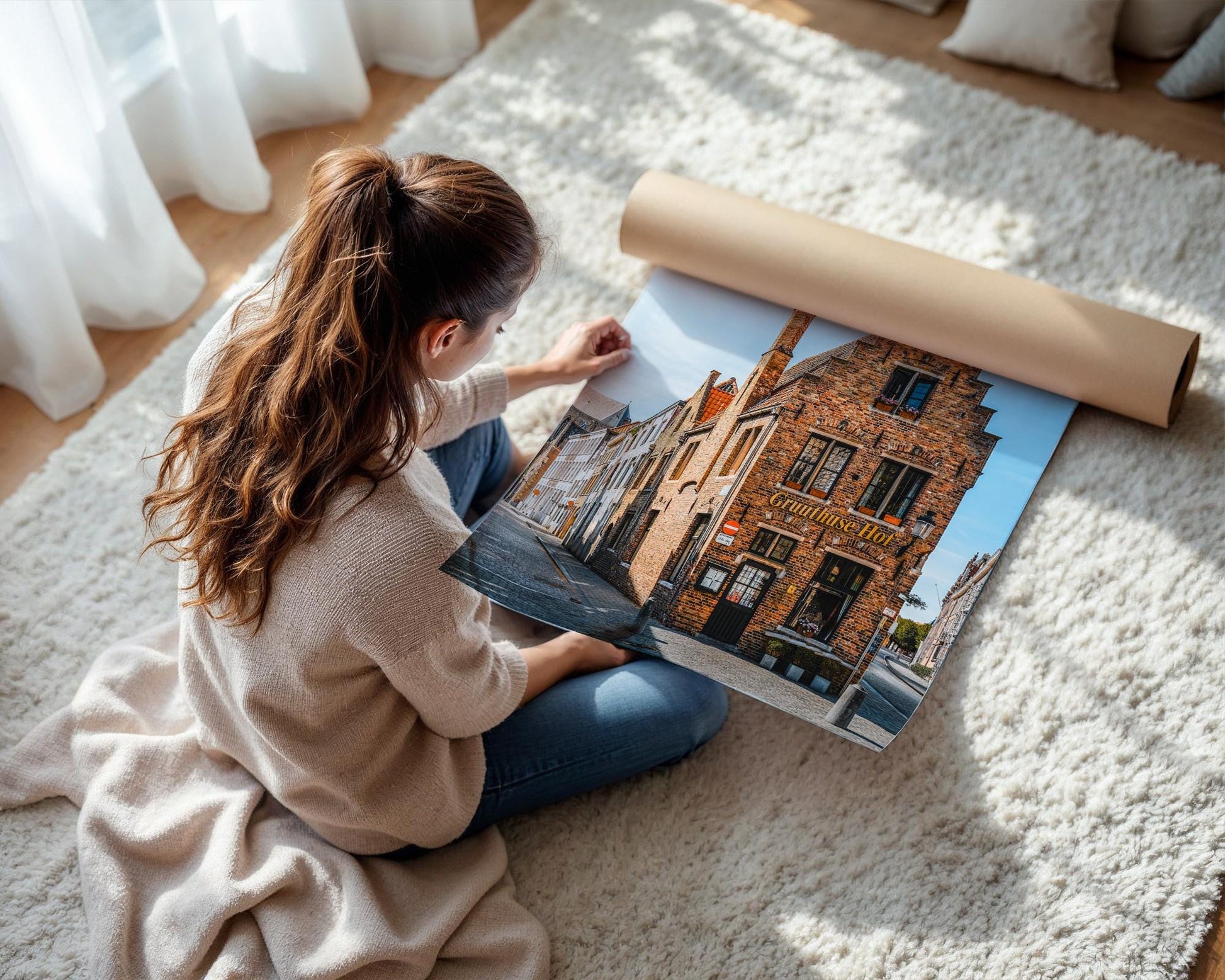 Bruges Sunrise Wall Art: Medieval Street, Soft Golden Light - Hasan Akbas Fine Art