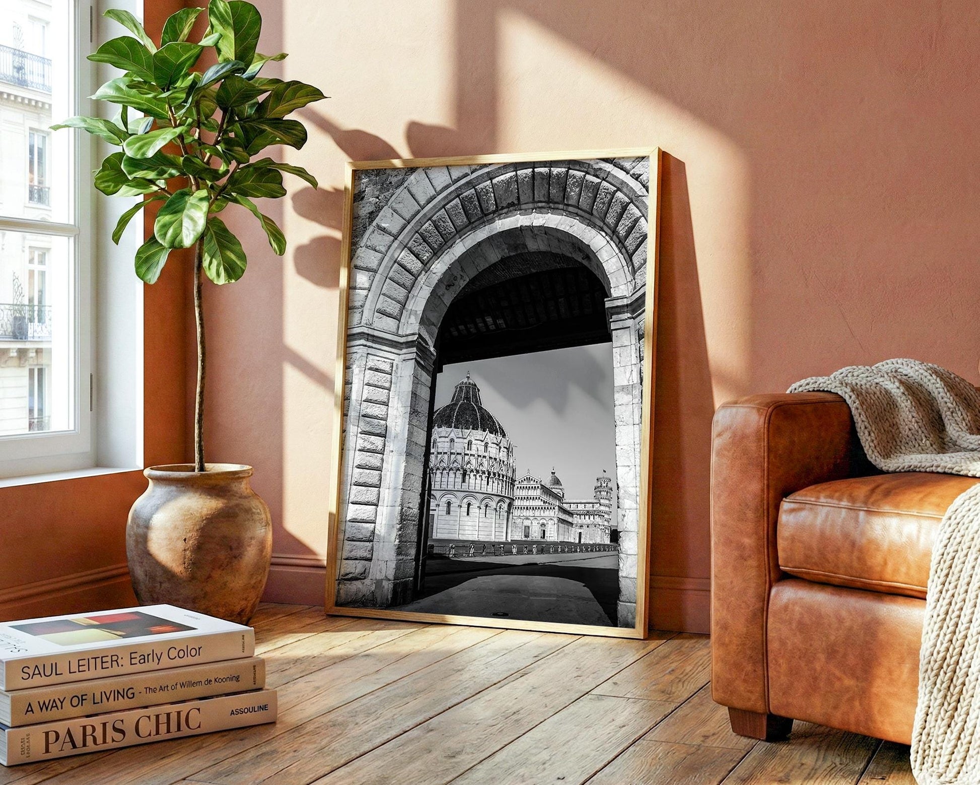Pisa Tower Wall Art – Black And White Italy Photo Print With Archway Frame - Hasan Akbas Fine Art