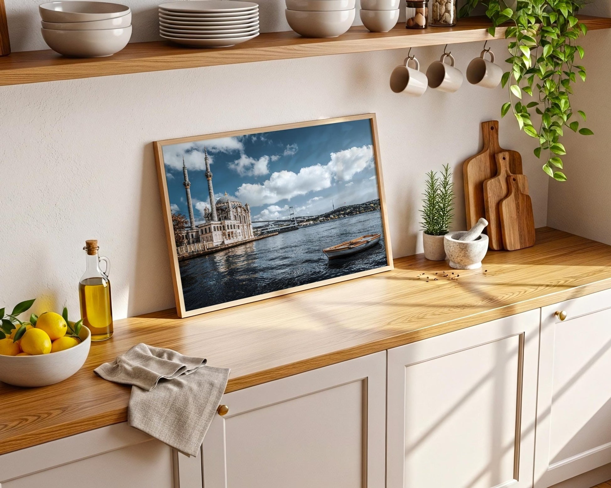 Istanbul Ortakoy Mosque Print – Bosphorus Cityscape Art with Wooden Boat Wall Decor - Hasan Akbas Fine Art