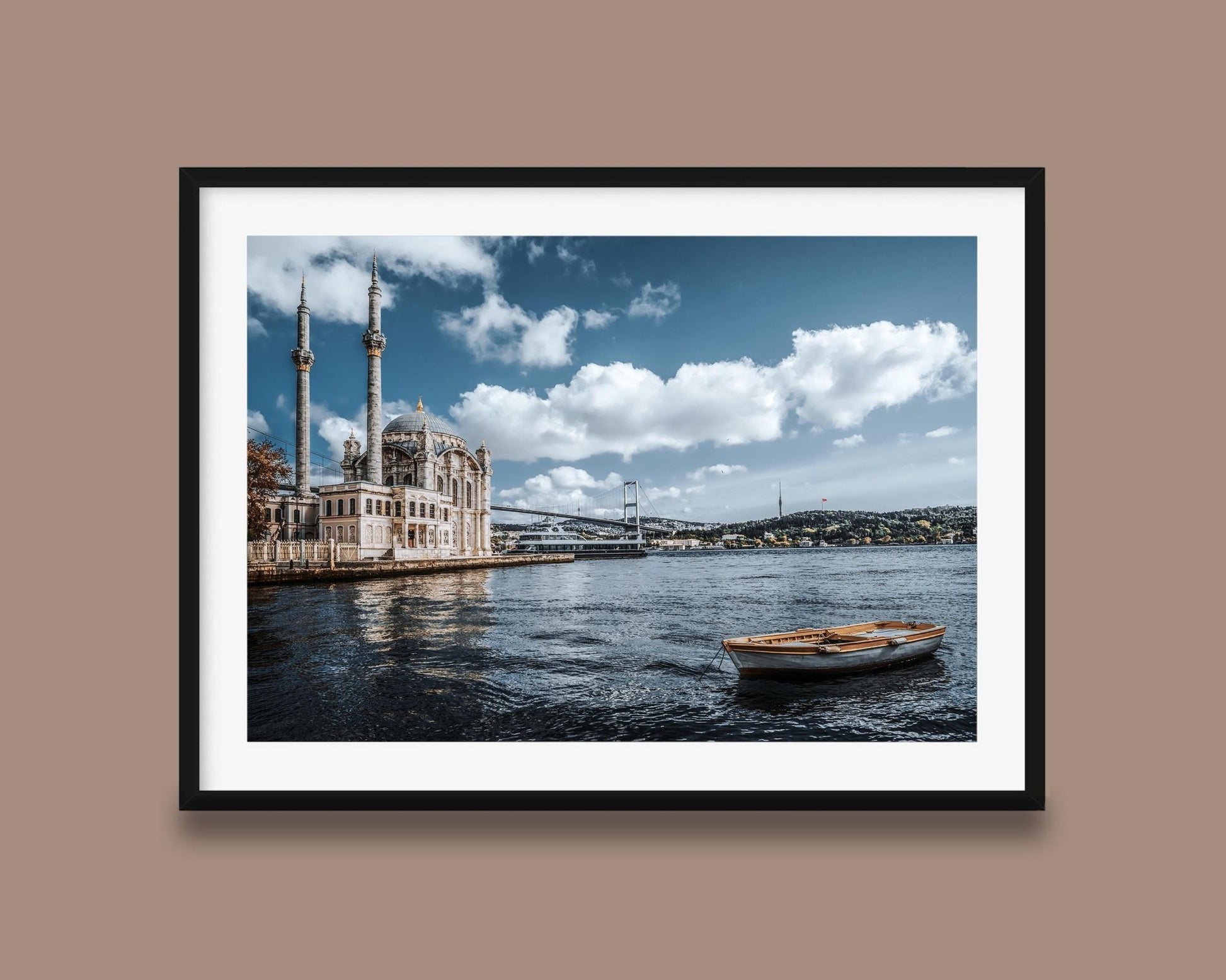 Istanbul Ortakoy Mosque Print – Bosphorus Cityscape Art with Wooden Boat Wall Decor - Hasan Akbas Fine Art