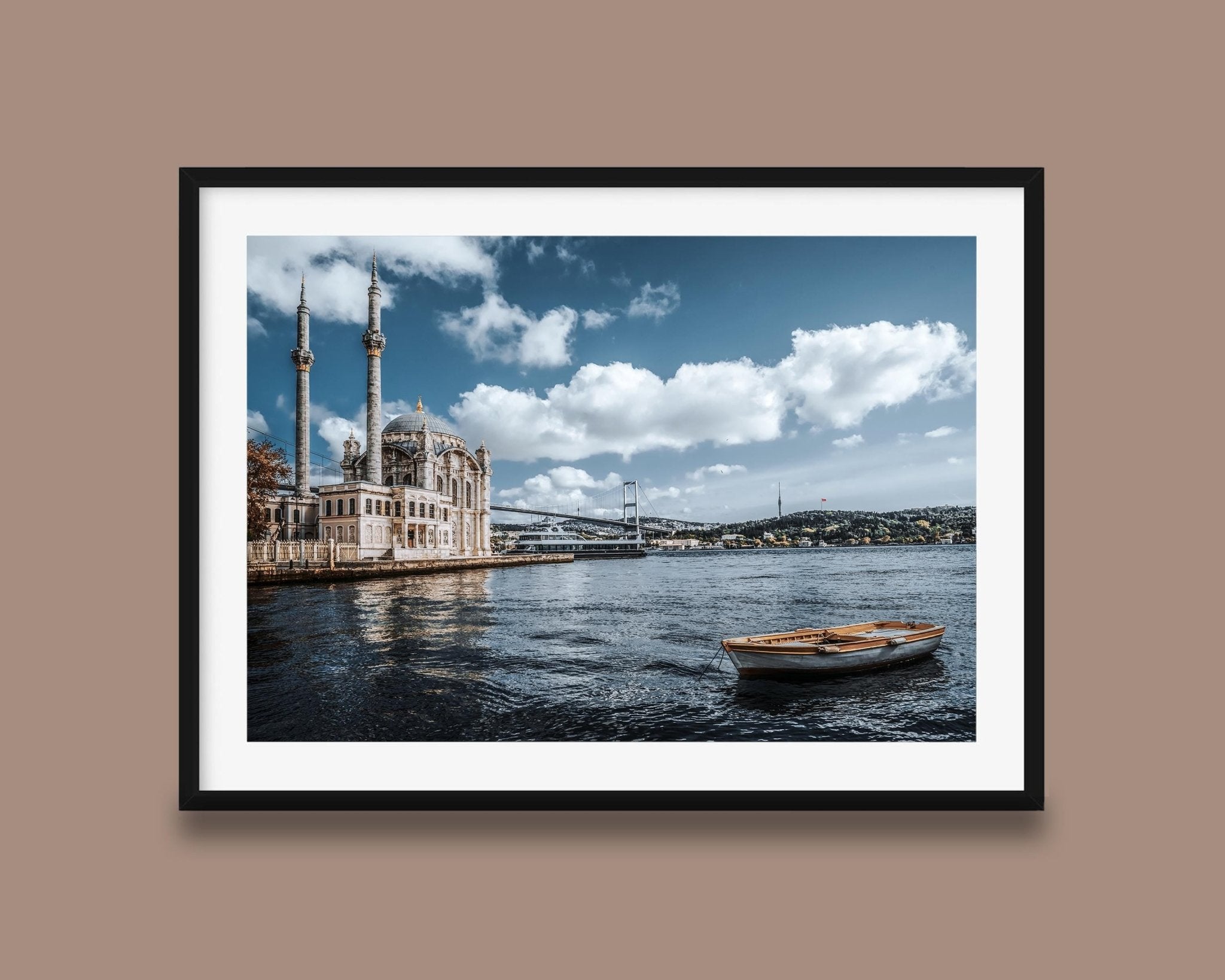 Istanbul Ortakoy Mosque Print – Bosphorus Cityscape Art with Wooden Boat Wall Decor - Hasan Akbas Fine Art