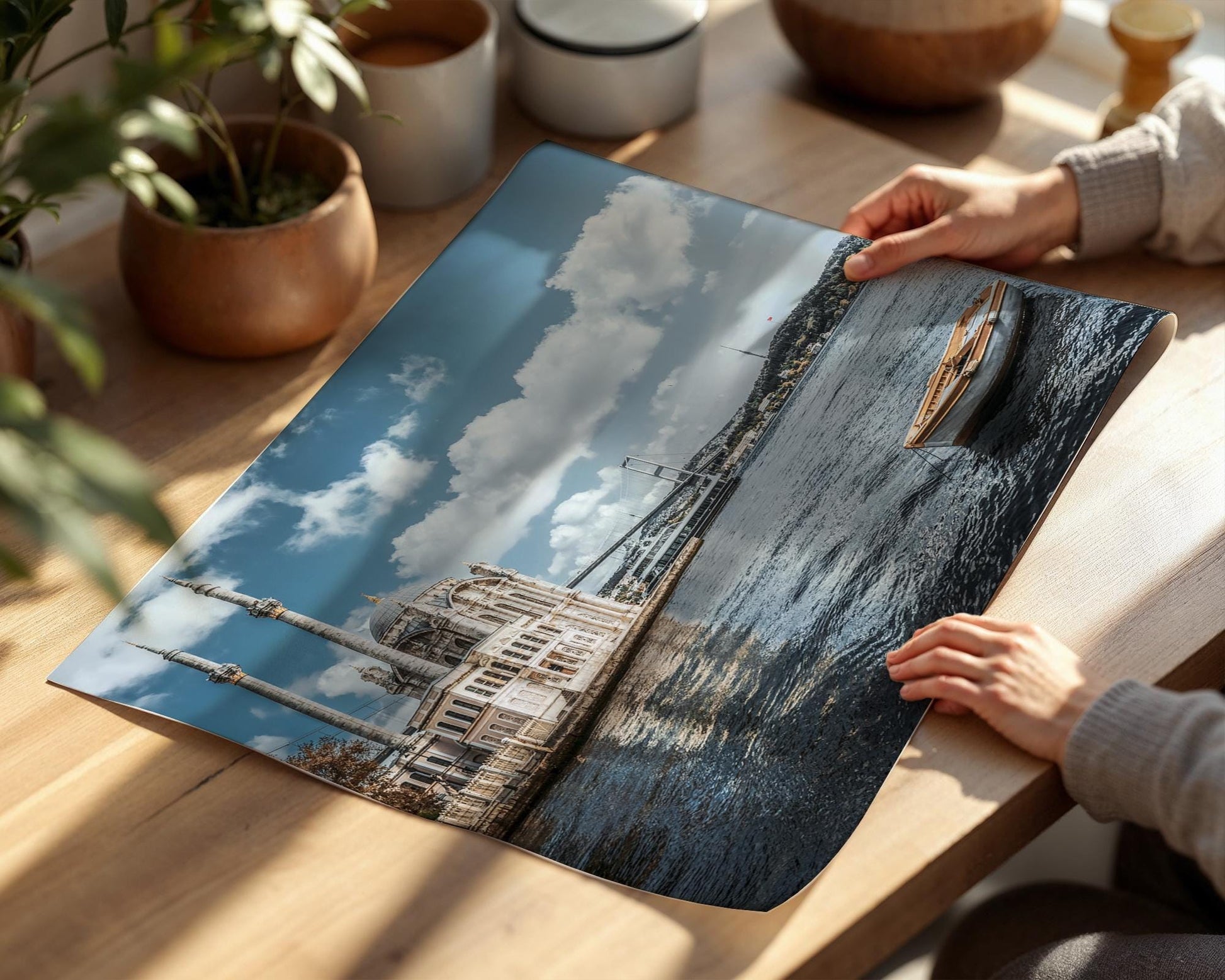 Istanbul Ortakoy Mosque Print – Bosphorus Cityscape Art with Wooden Boat Wall Decor - Hasan Akbas Fine Art