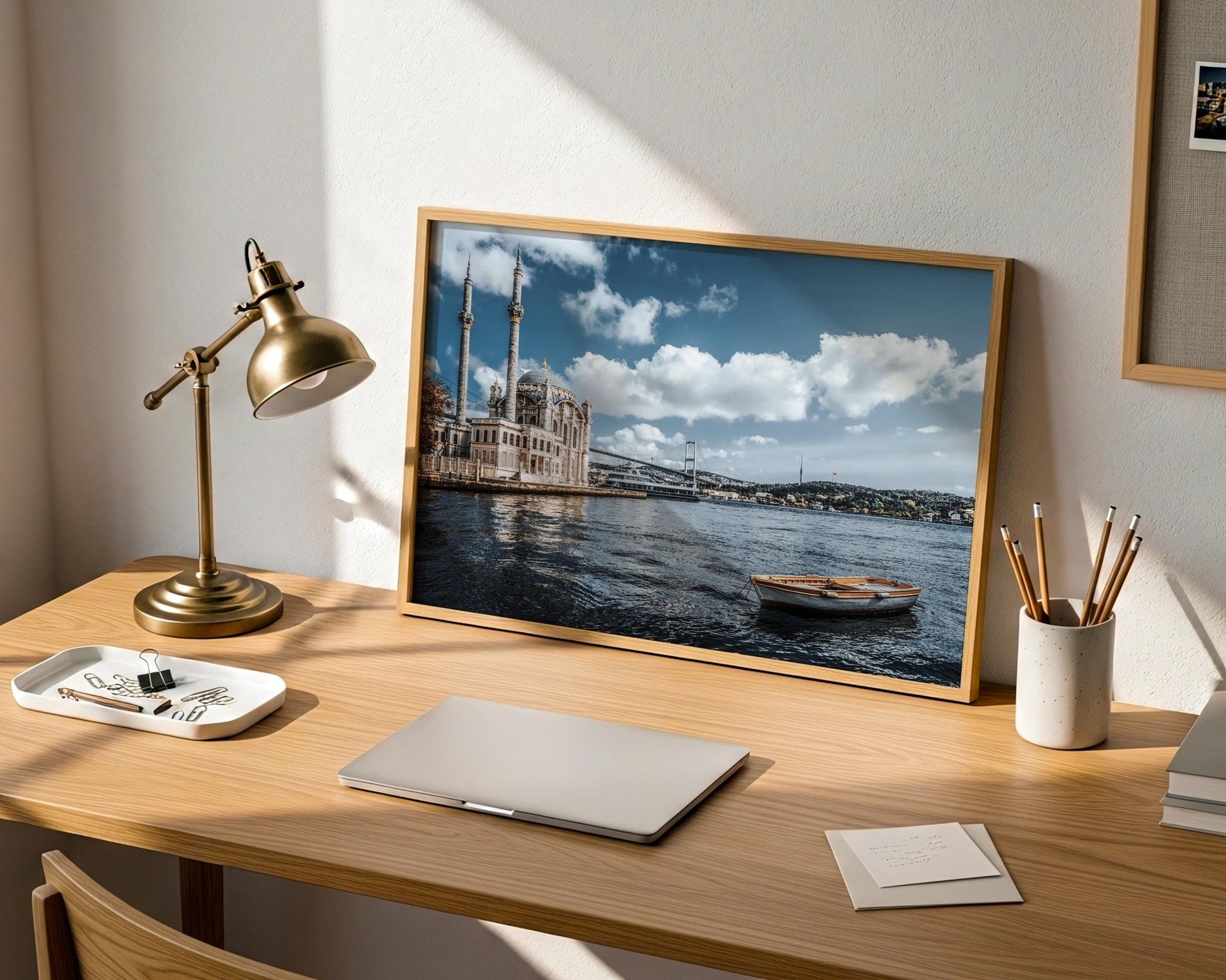 Istanbul Ortakoy Mosque Print – Bosphorus Cityscape Art with Wooden Boat Wall Decor - Hasan Akbas Fine Art