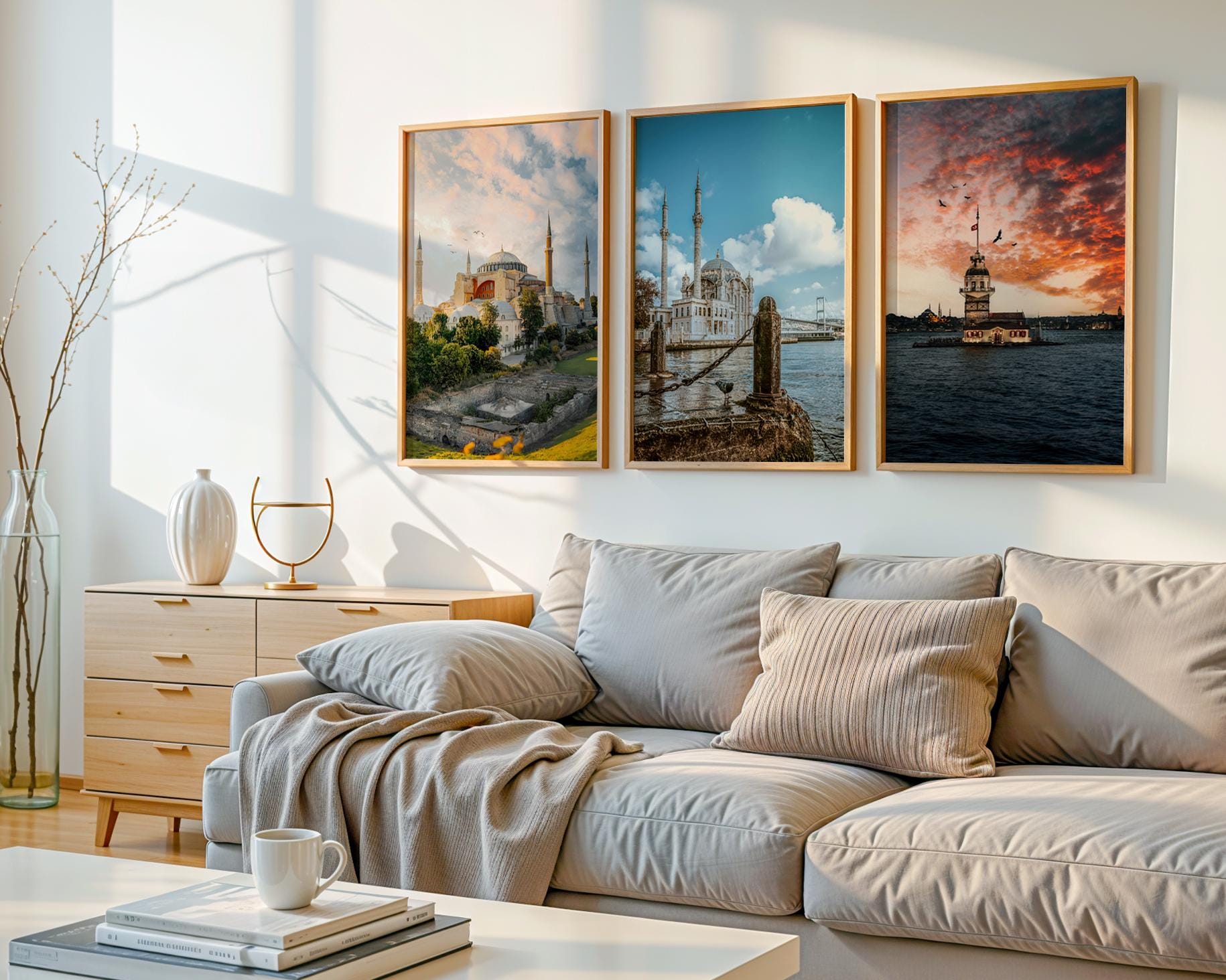Istanbul Wall Art Set – Triptych Prints of Hagia Sophia, Maiden’s Tower & Ortakoy Mosque - Hasan Akbas Fine Art