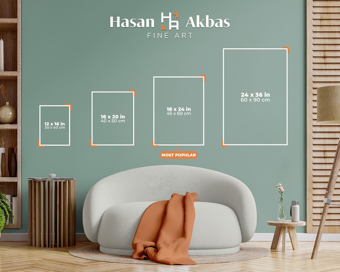Living room wall mockup showing four framed art size options above a modern cream sofa. Print sizes displayed are 12x16, 16x20, 18x24 marked as most popular, and 24x36 inches, helping buyers compare scale and wall fit.