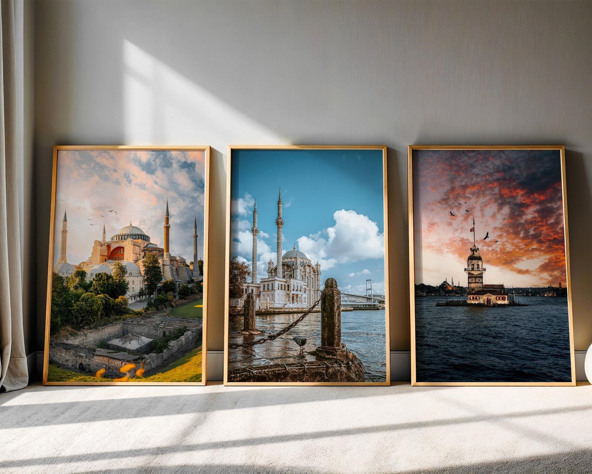 Istanbul Wall Art Set – Triptych Prints of Hagia Sophia, Maiden’s Tower & Ortakoy Mosque - Hasan Akbas Fine Art