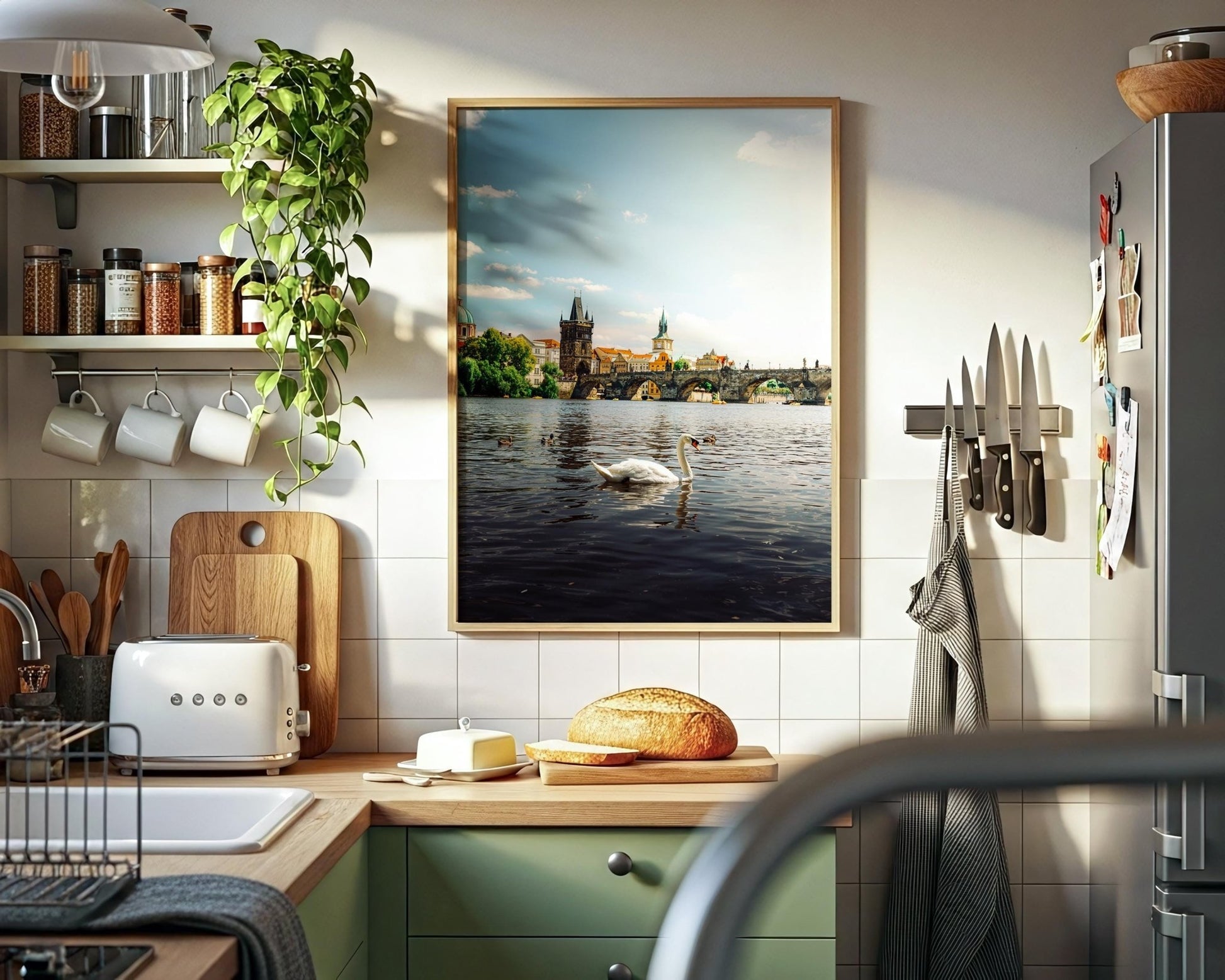 Prague Czechia Charles Bridge Print, Swan Vltava Photo, Gothic Riverside Wall Art, Home Decor - Hasan Akbas Fine Art