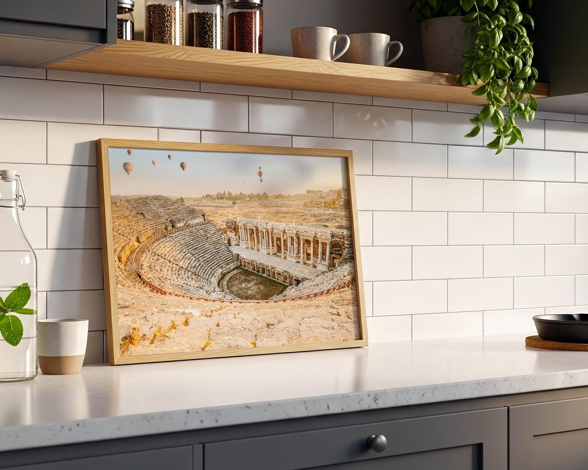 Hierapolis Wall Art – Pamukkale Sunrise Print With Ancient Theatre & Hot Air Balloons - Hasan Akbas Fine Art