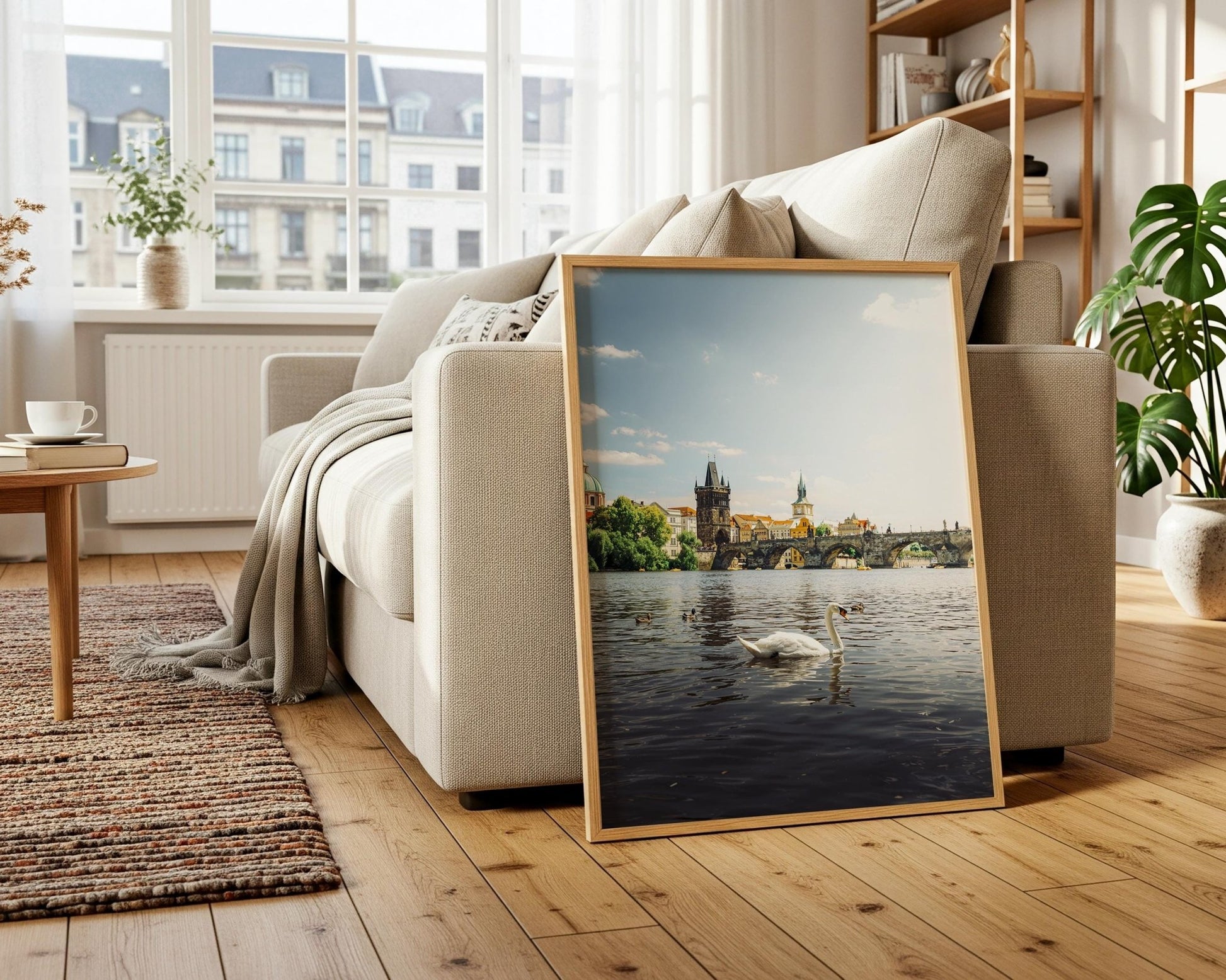 Prague Czechia Charles Bridge Print, Swan Vltava Photo, Gothic Riverside Wall Art, Home Decor - Hasan Akbas Fine Art