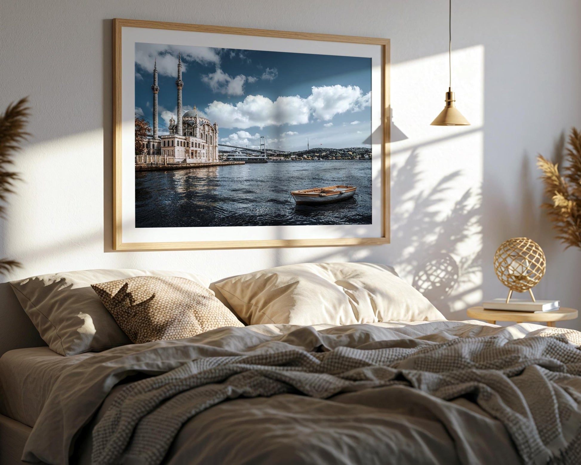 Istanbul Ortakoy Mosque Print – Bosphorus Cityscape Art with Wooden Boat Wall Decor - Hasan Akbas Fine Art