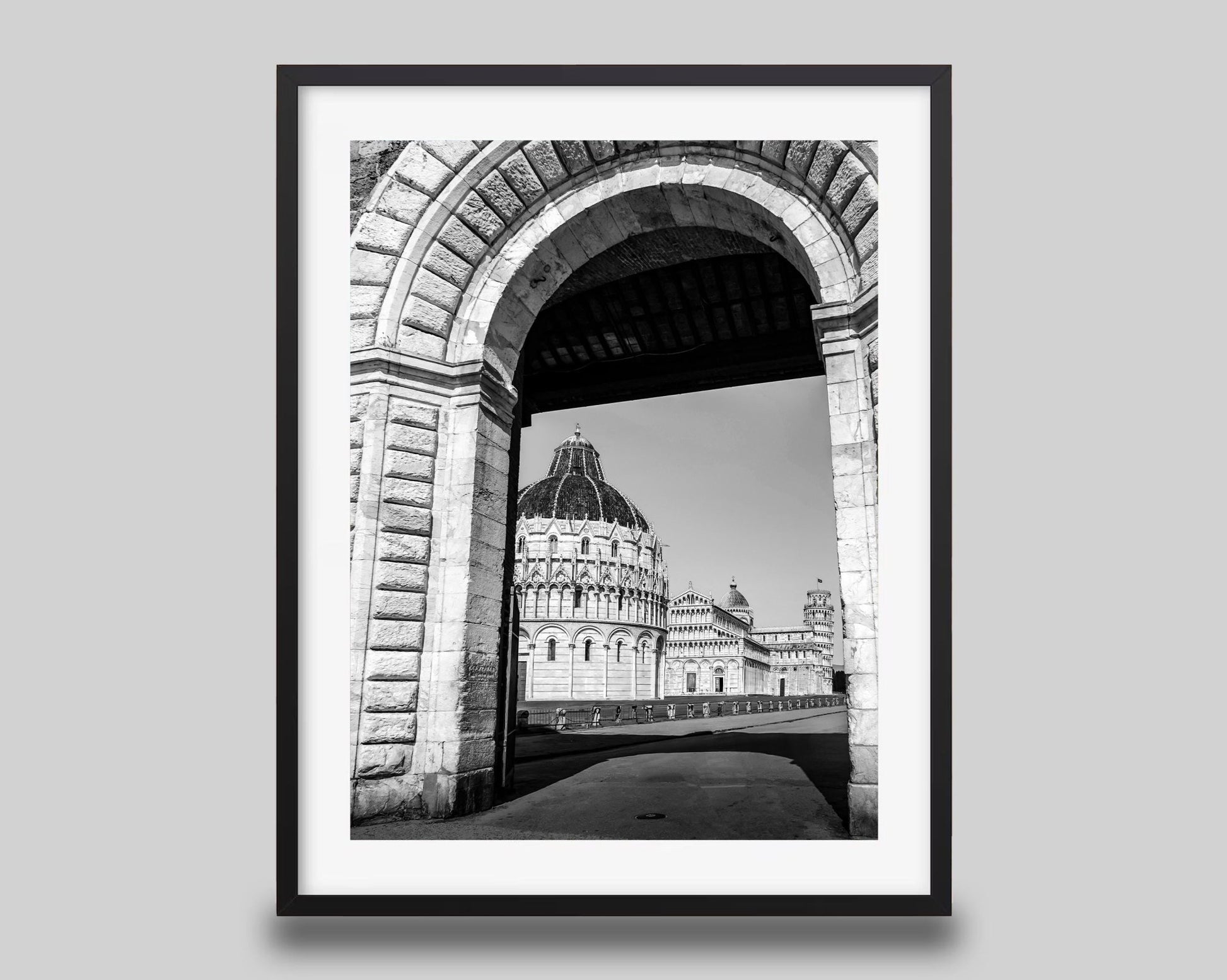 Pisa Tower Wall Art – Black And White Italy Photo Print With Archway Frame - Hasan Akbas Fine Art