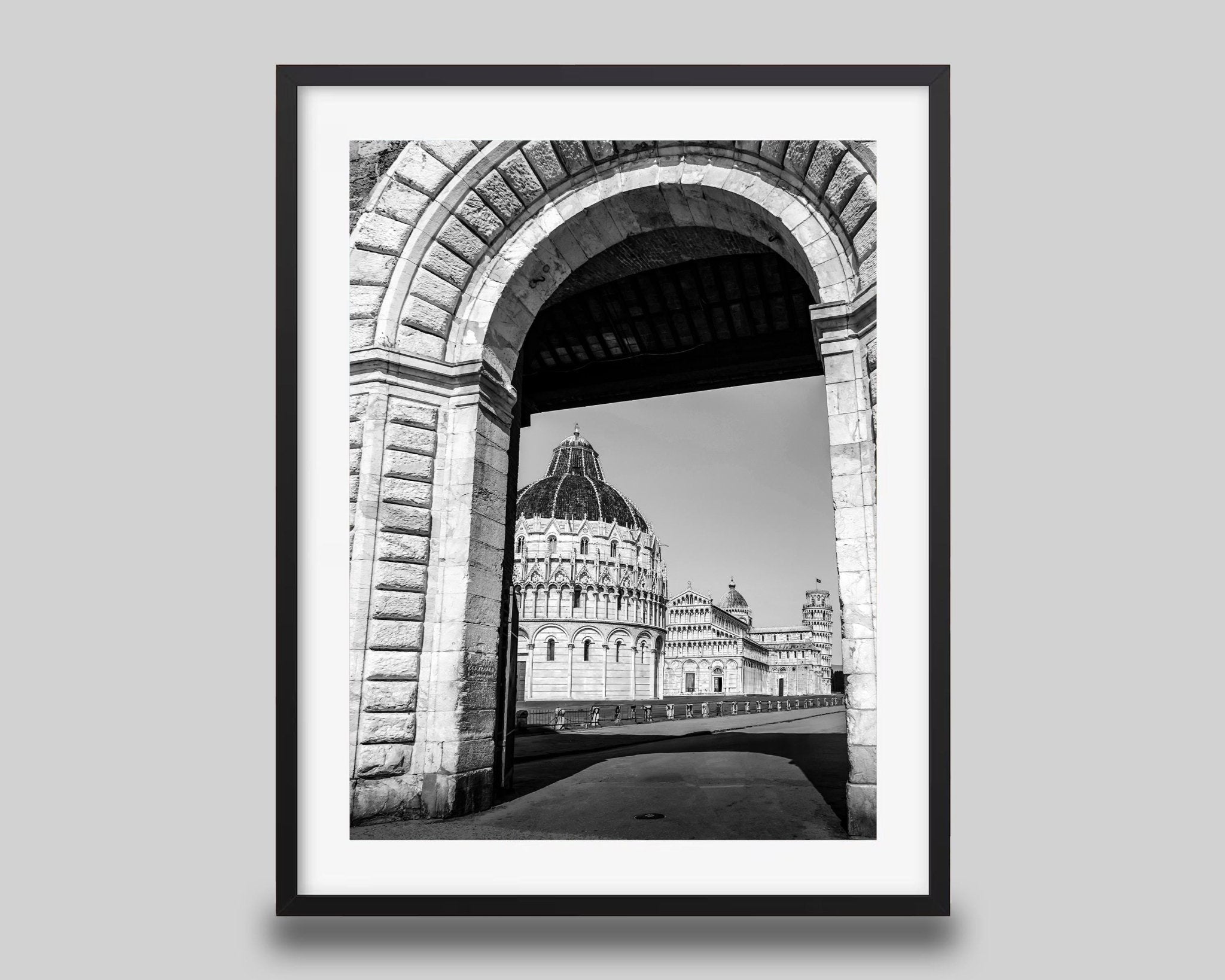 Pisa Tower Wall Art – Black And White Italy Photo Print With Archway Frame - Hasan Akbas Fine Art