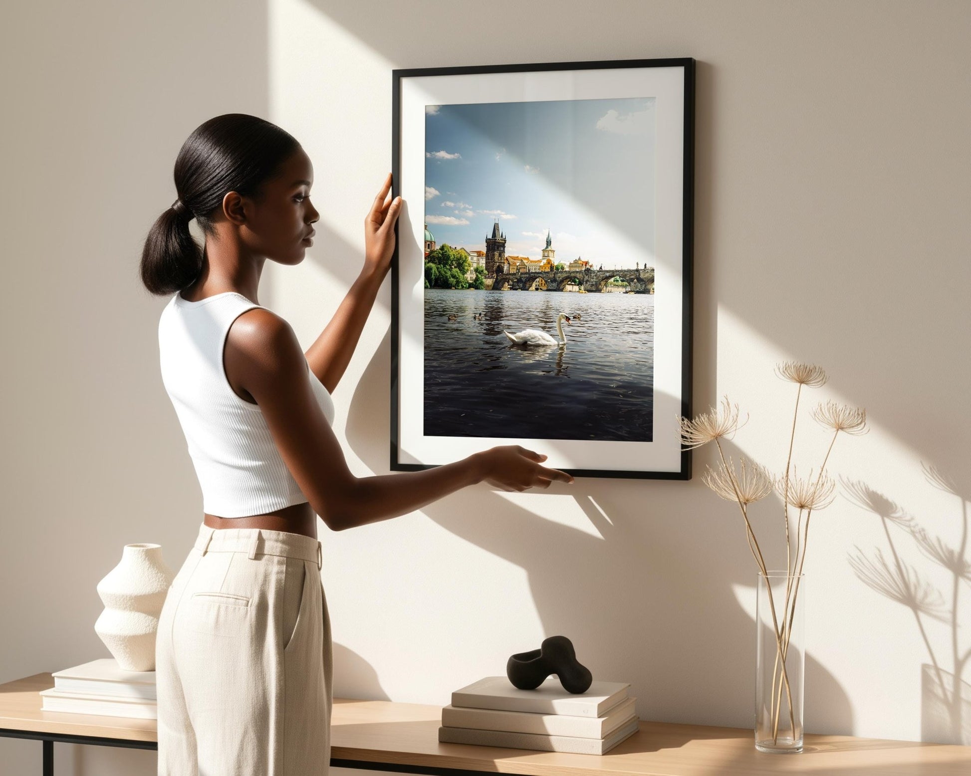 Prague Czechia Charles Bridge Print, Swan Vltava Photo, Gothic Riverside Wall Art, Home Decor - Hasan Akbas Fine Art