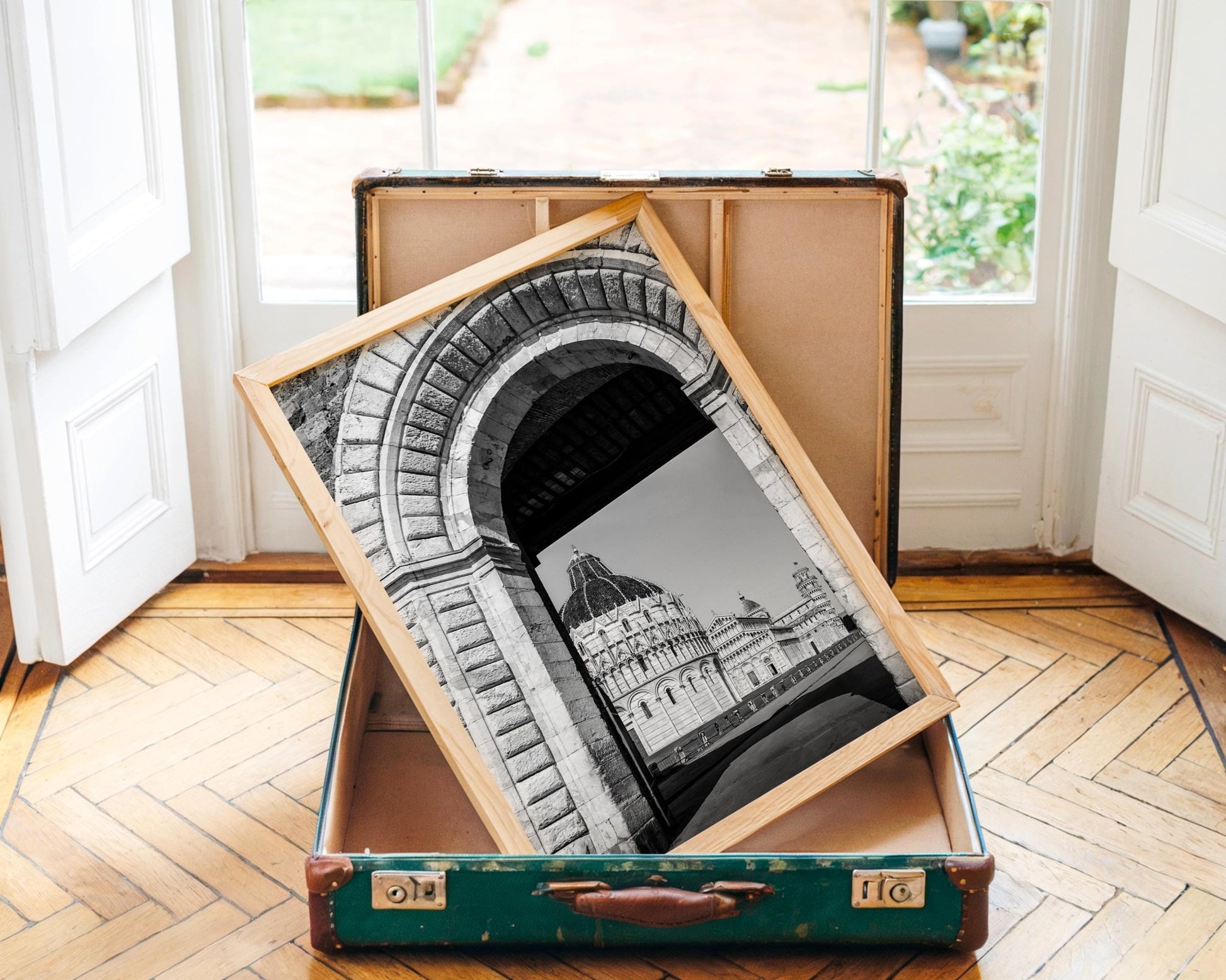 Pisa Tower Wall Art – Black And White Italy Photo Print With Archway Frame - Hasan Akbas Fine Art