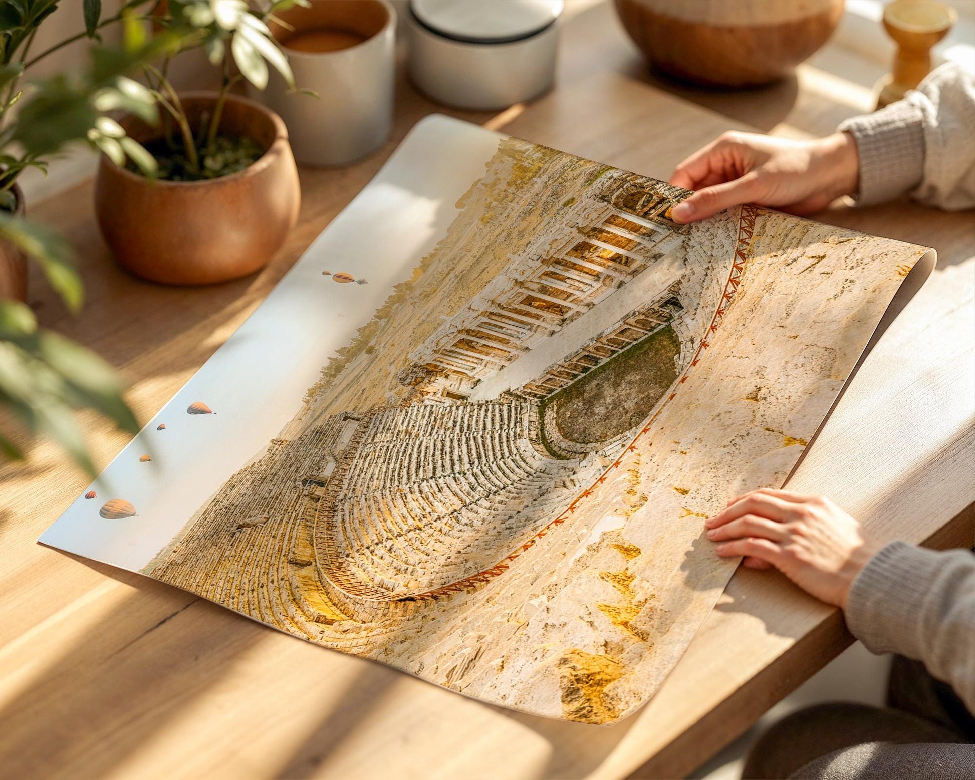 Hierapolis Wall Art – Pamukkale Sunrise Print With Ancient Theatre & Hot Air Balloons - Hasan Akbas Fine Art