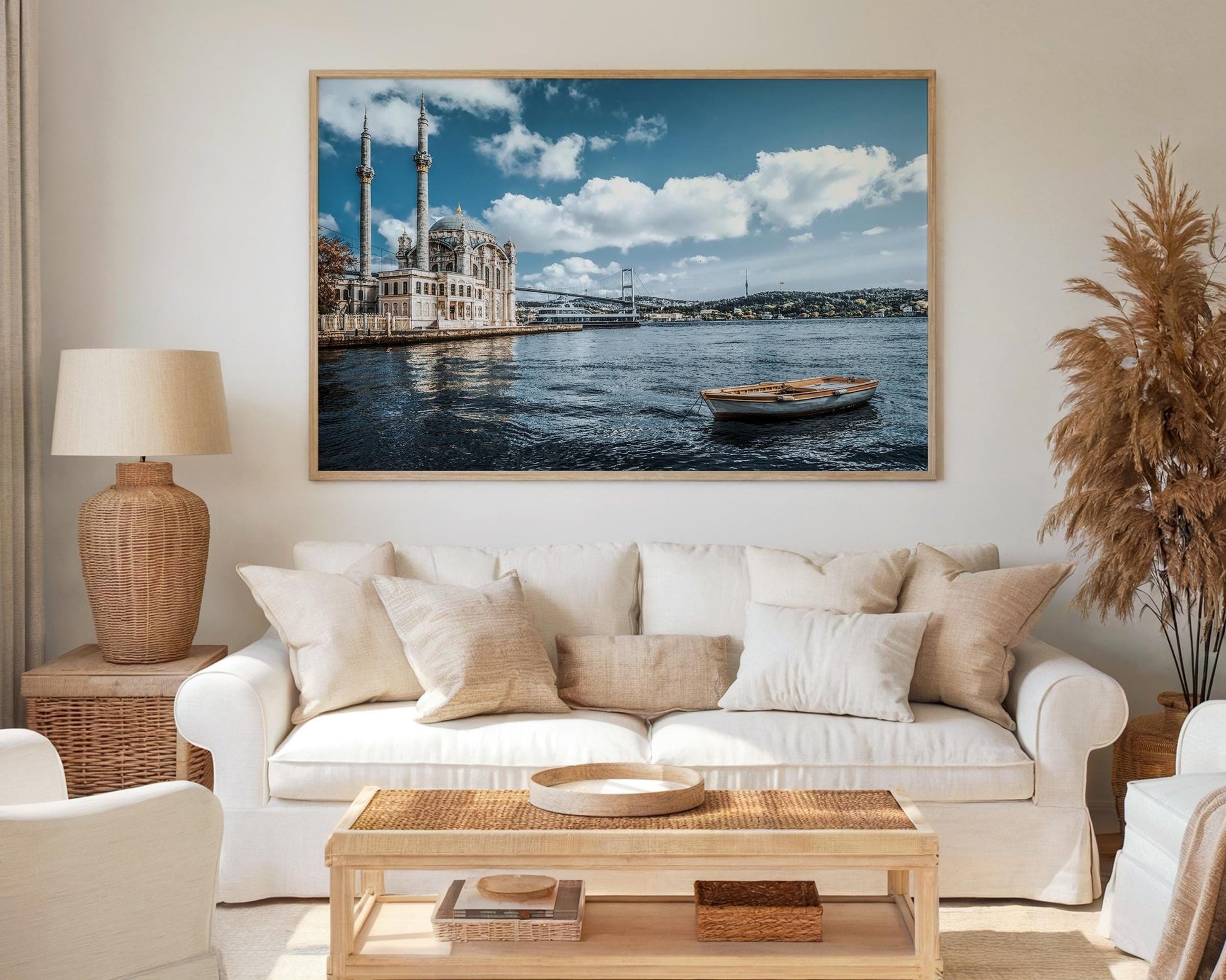 Istanbul Ortakoy Mosque Print – Bosphorus Cityscape Art with Wooden Boat Wall Decor - Hasan Akbas Fine Art