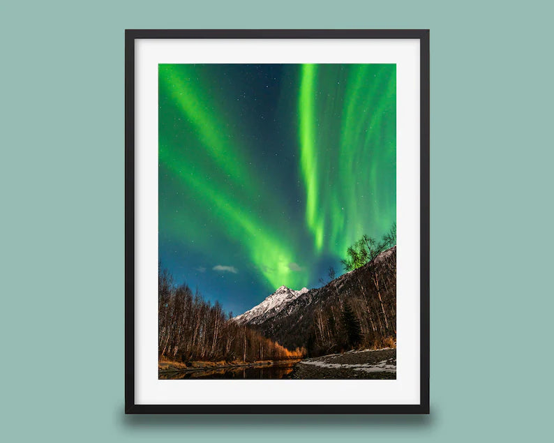 Framed fine art print of green northern lights over Alaskan mountains
