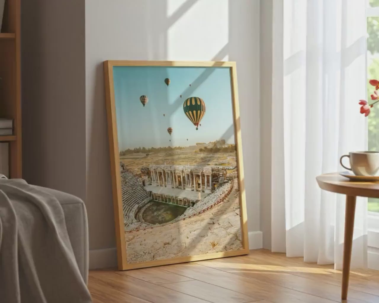 Load video: Hierapolis Pamukkale Wall Art, Turkey Photo, Hot Air Balloons, Roman Ancient City, Home Decor