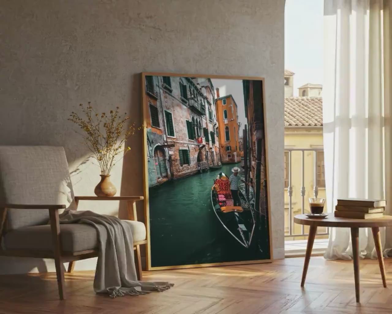 Load video: Venice Italy Photo Print, Gondolier Boat on Canal Wall Art, Italian Gondola Home Decor
