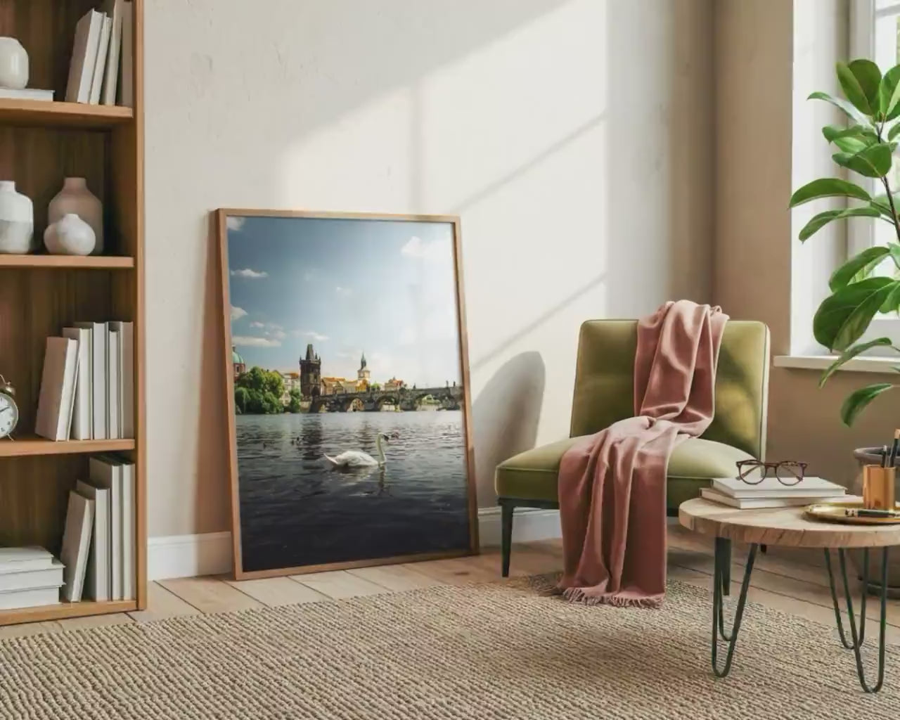 Load video: Prague Czechia Charles Bridge Print, Swan Vltava Photo, Gothic Riverside Wall Art, Home Decor