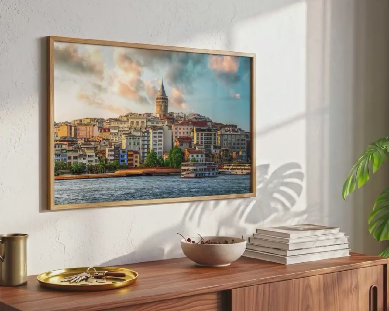 Load video: Istanbul Turkey Galata Tower Print, Golden Horn Sunset Photo, Ferry Wall Art, Home Decor