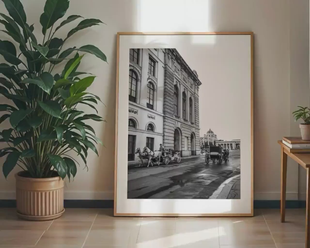 Load video: Vienna Horse Carriage Print – Black and White Wall Art | Historic Hofburg Palace Photo