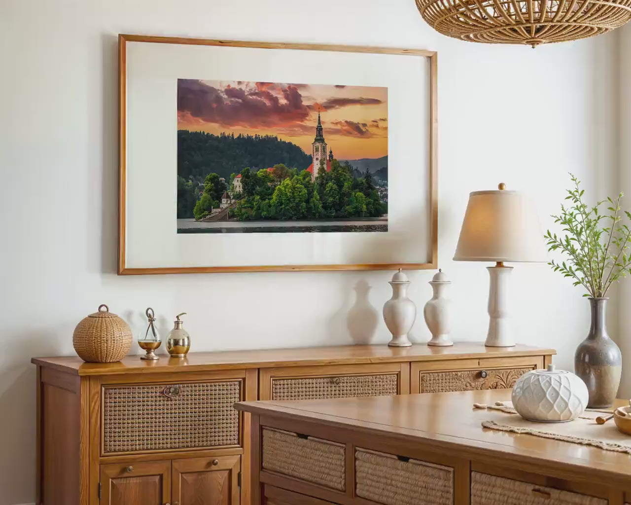 Load video: Lake Bled Slovenia Print, Church Island Sunset Photo, Storm Break Wall Art, Home Decor