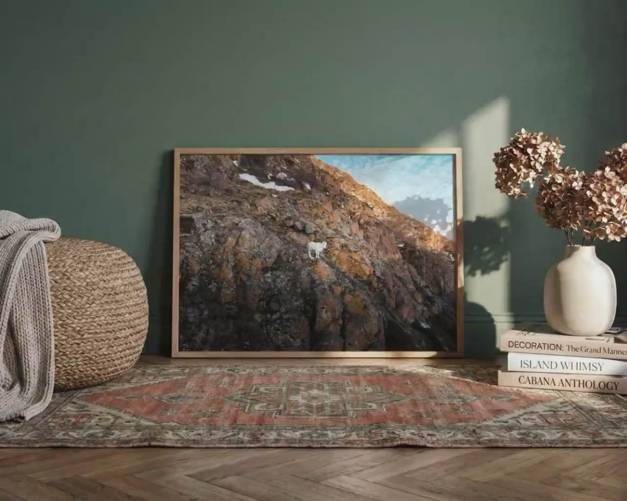 Load video: Alaska Mountain Goat Art - Wildlife Wall Art Print | Snowy Cliff Photography