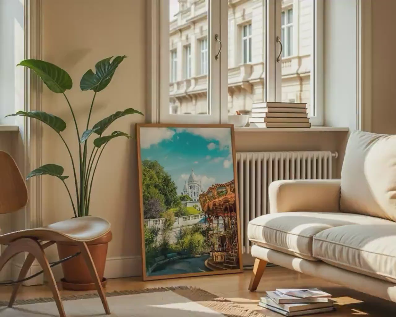 Load video: Paris France Sacre Coeur Print, Montmartre Carousel Photo, Summer Sky Wall Art, Home Decor