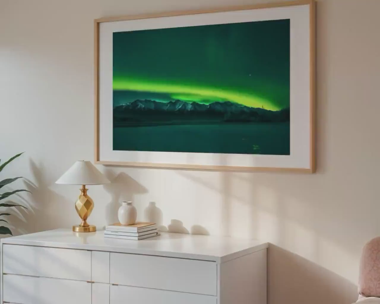 Load video: Alaska USA Northern Lights Wall Art, Aurora Borealis Photo, Fairbanks Print, Nature Home Decor