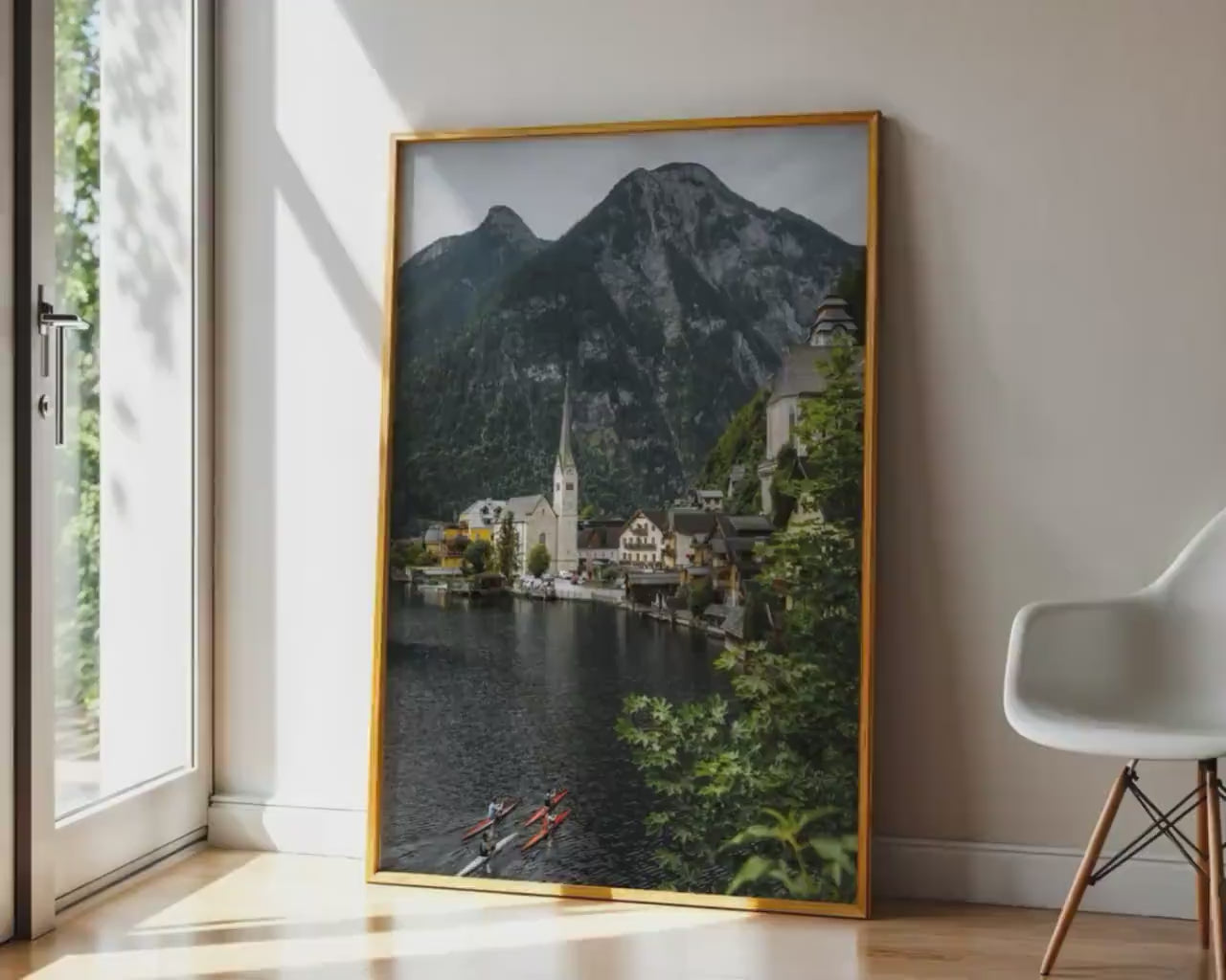 Load video: Hallstatt Austria Print, Summer Lake Village Photo, Kayaks Mountain View Wall Art, Home Decor