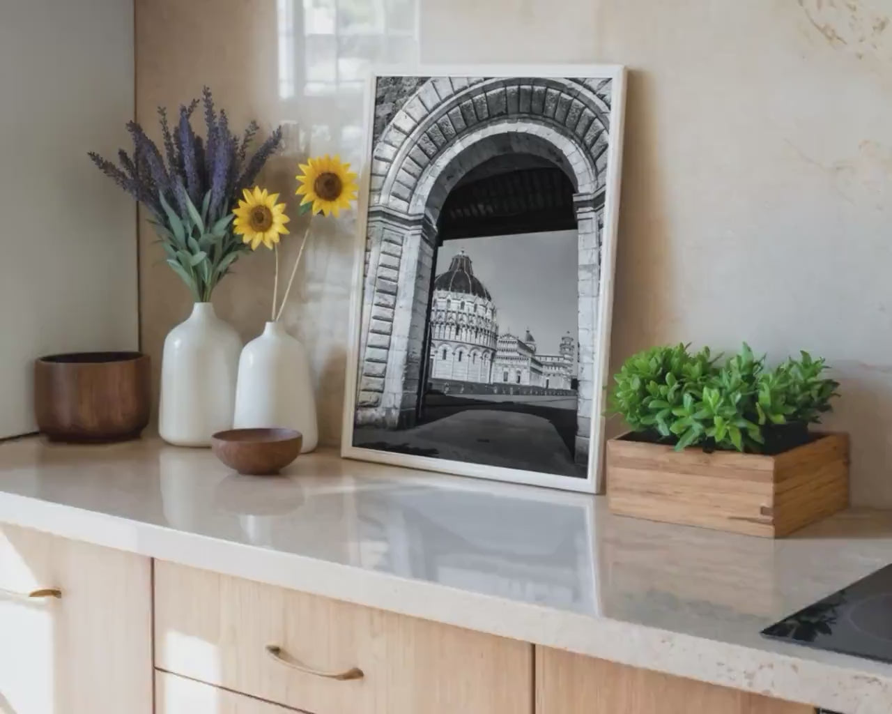 Load video: Pisa Tower Wall Art – Black And White Italy Photo Print With Archway Frame