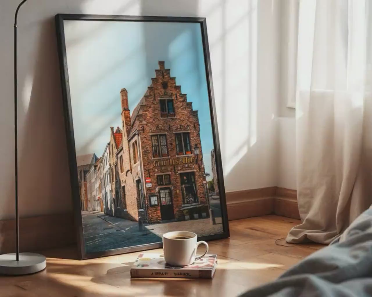 Load video: Bruges Sunrise Wall Art: Medieval Street, Soft Golden Light