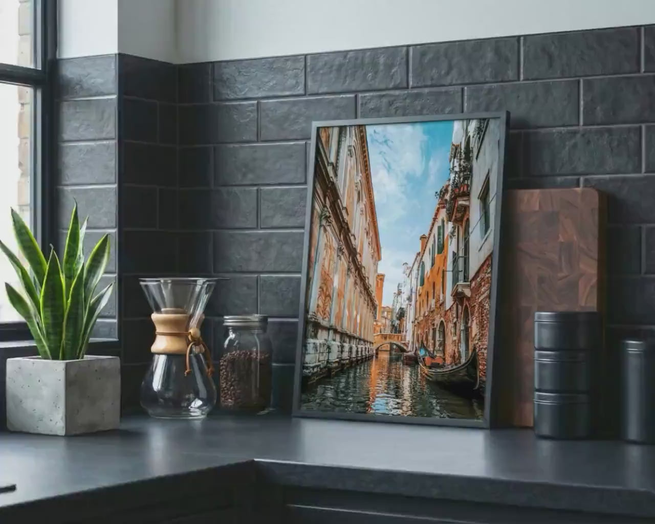 Load video: Venice Canal Wall Art - Gondola Photo Print | Rustic Italy Wall Decor Gift