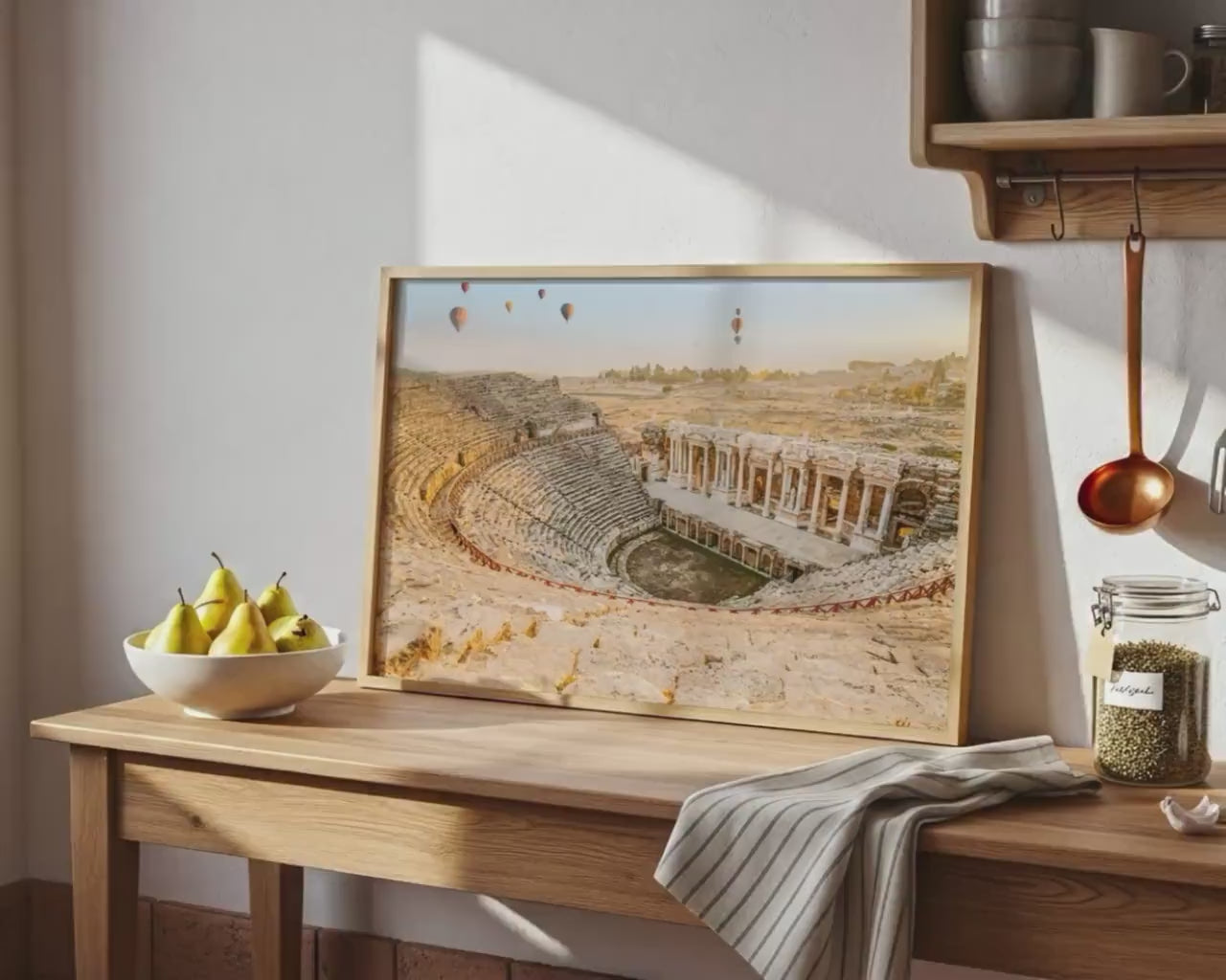 Load video: Hierapolis Wall Art – Pamukkale Sunrise Print With Ancient Theatre &amp; Hot Air Balloons