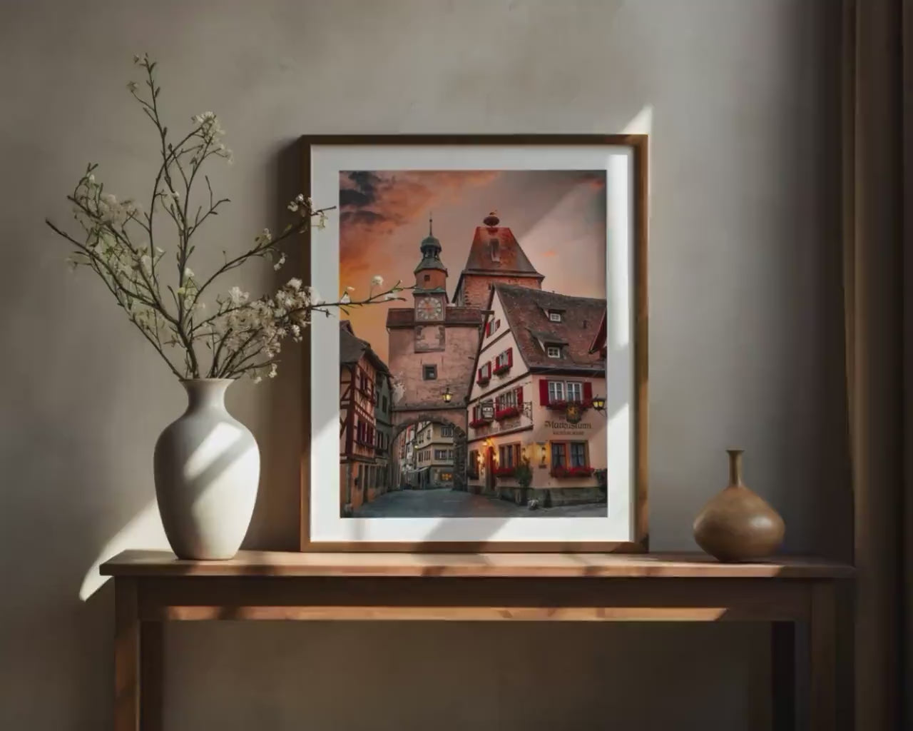 Load video: Rothenburg Germany Print - Medieval Clock Tower With Stork Nest Detail | Bavaria Wall Art