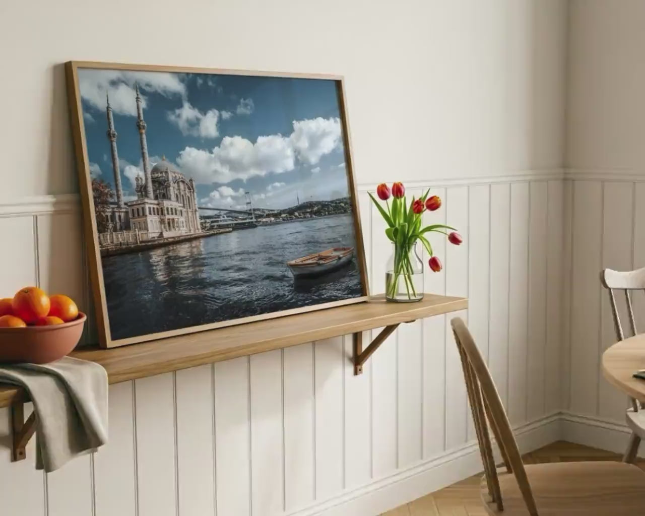 Load video: Istanbul Ortakoy Mosque Print – Bosphorus Cityscape Art with Wooden Boat Wall Decor