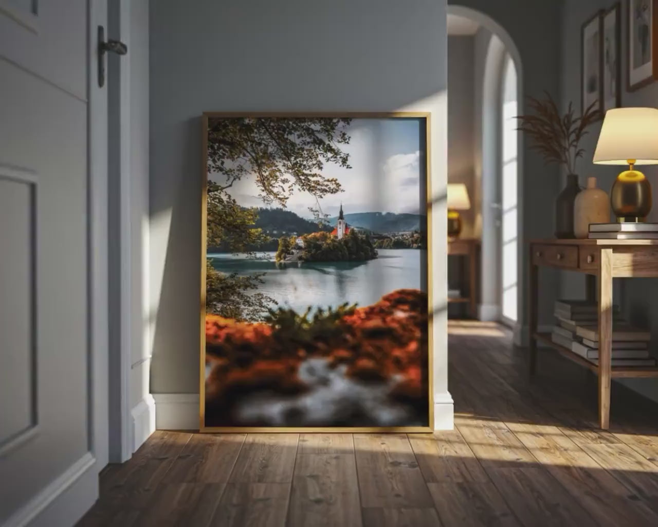 Load video: Lake Bled Wall Art – Slovenia Landscape Print | Autumn Island Church Fine Art