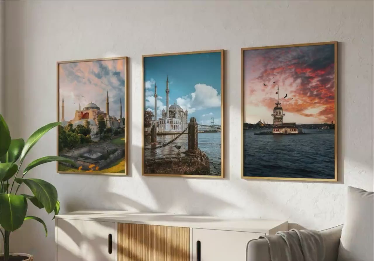 Load video: Istanbul Wall Art Set – Triptych Prints of Hagia Sophia, Maiden’s Tower &amp; Ortakoy Mosque